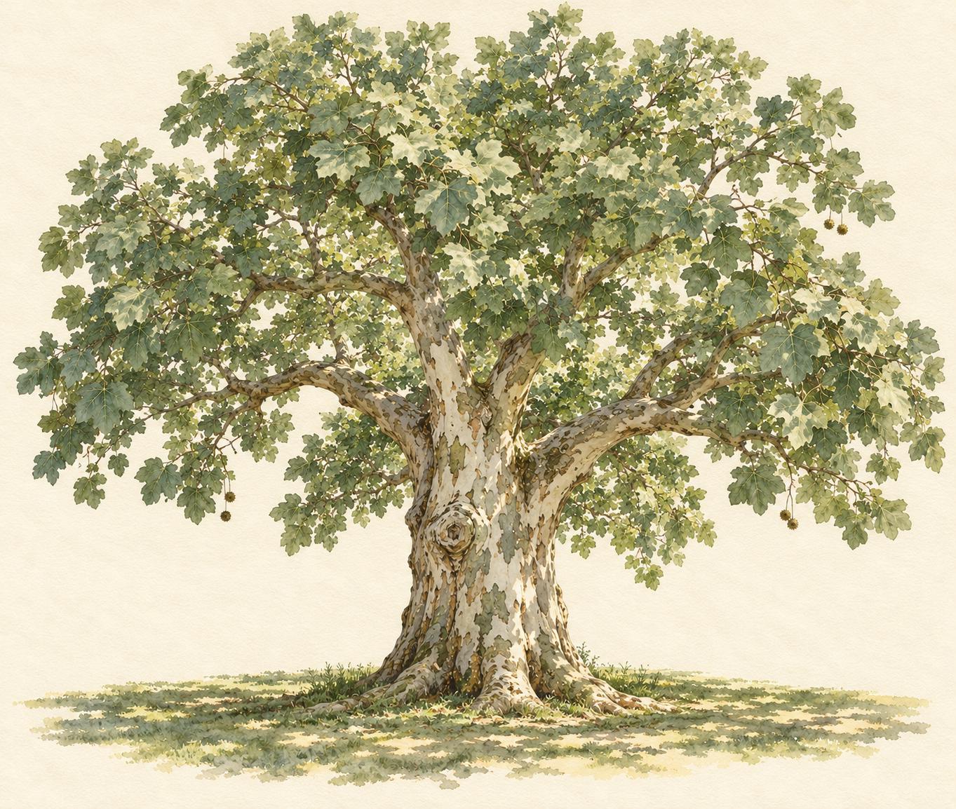Watercolor painting of a chinar tree in full summer leaf, casting wide shade.